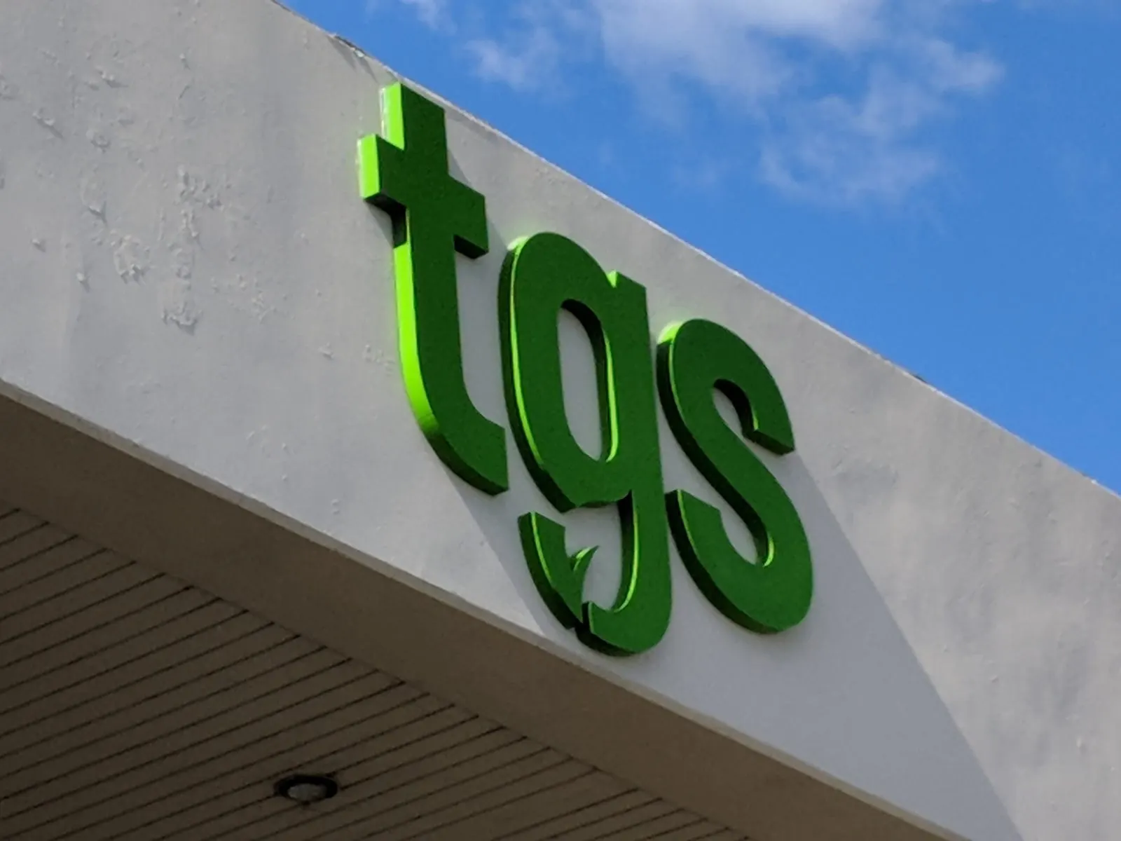 Dimensional letters mounted on a building fascia.