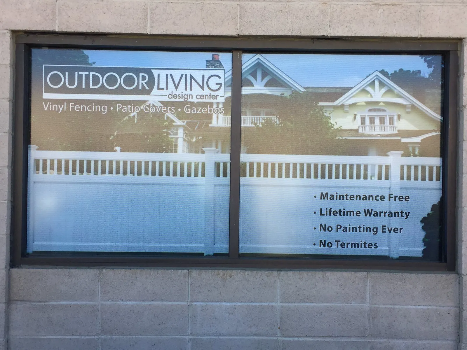 Perforated window vinyl and lettering.