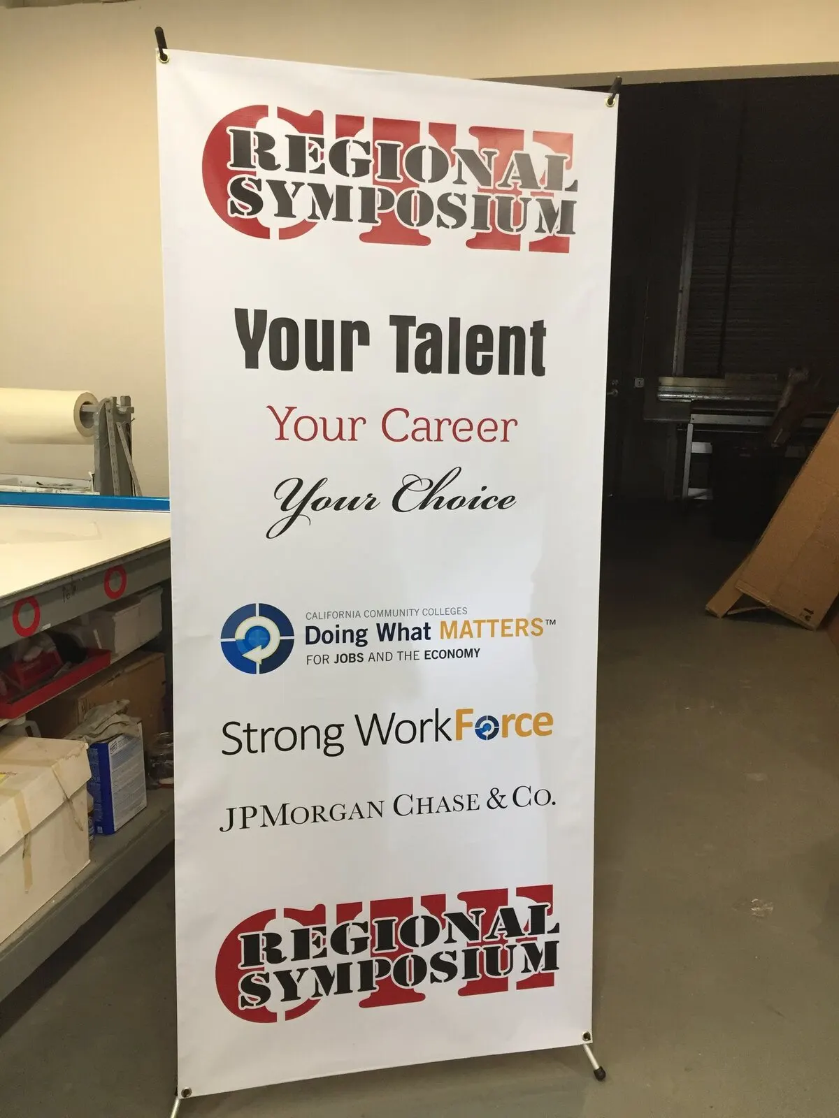 Retractable banner for an event.