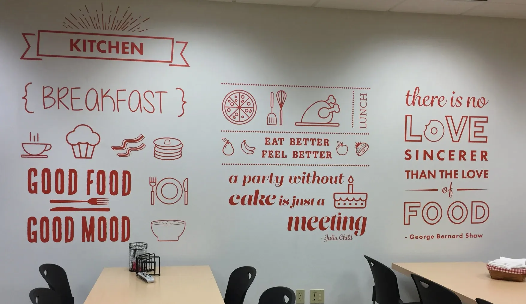 Wall graphics running the length of an office kitchen.